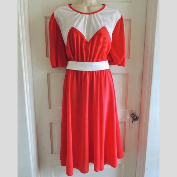Sandi Dee Vintage 70s Red & White Puff Sleeve Pleat Top Dress  14 L/XL - Picture 1 of 7